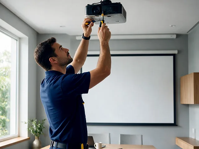 Técnico da DS Eletrônica instalando um projetor em sala de reunião